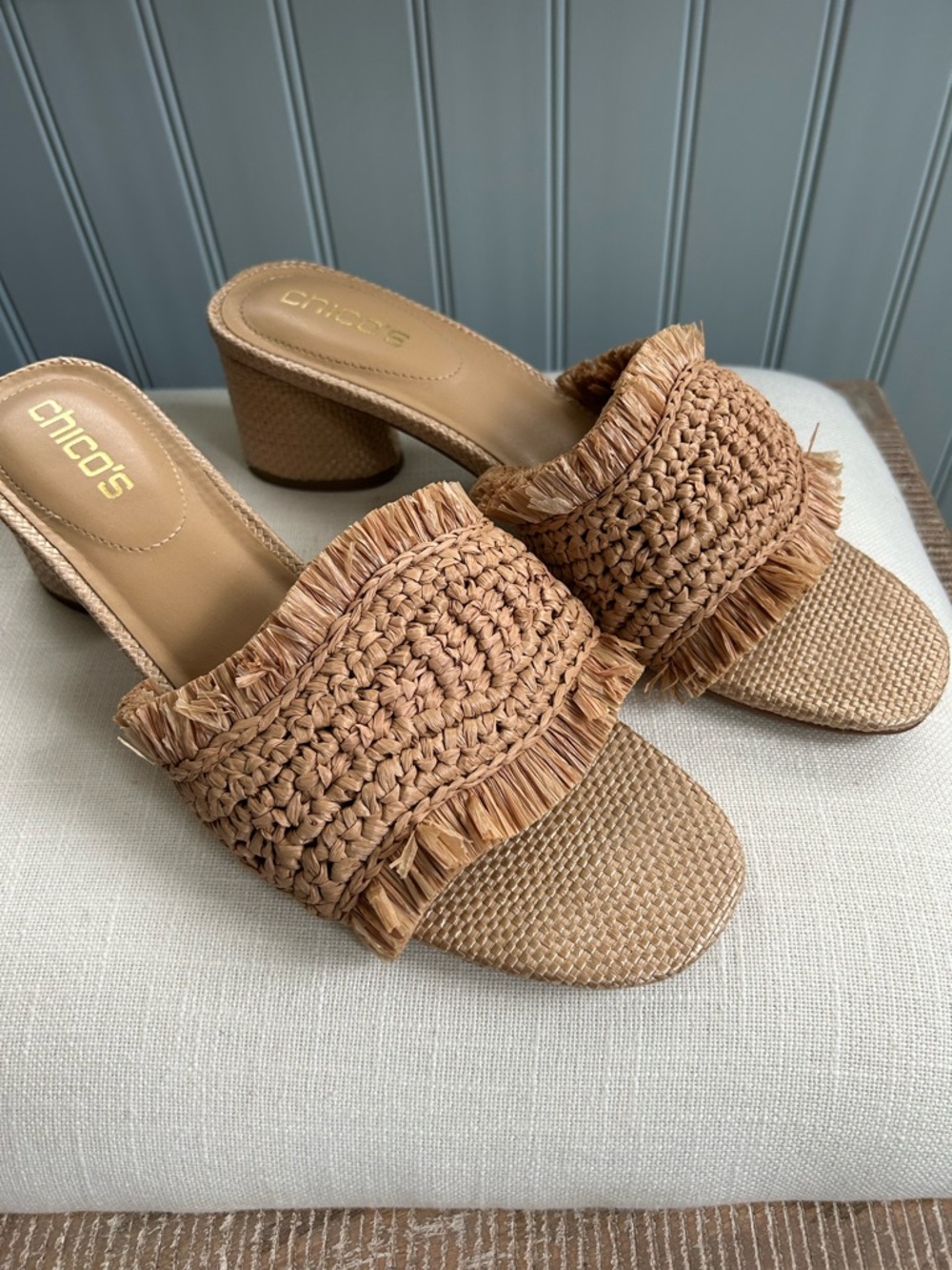 Chico's Tan Raffia Fringe Slide Mules